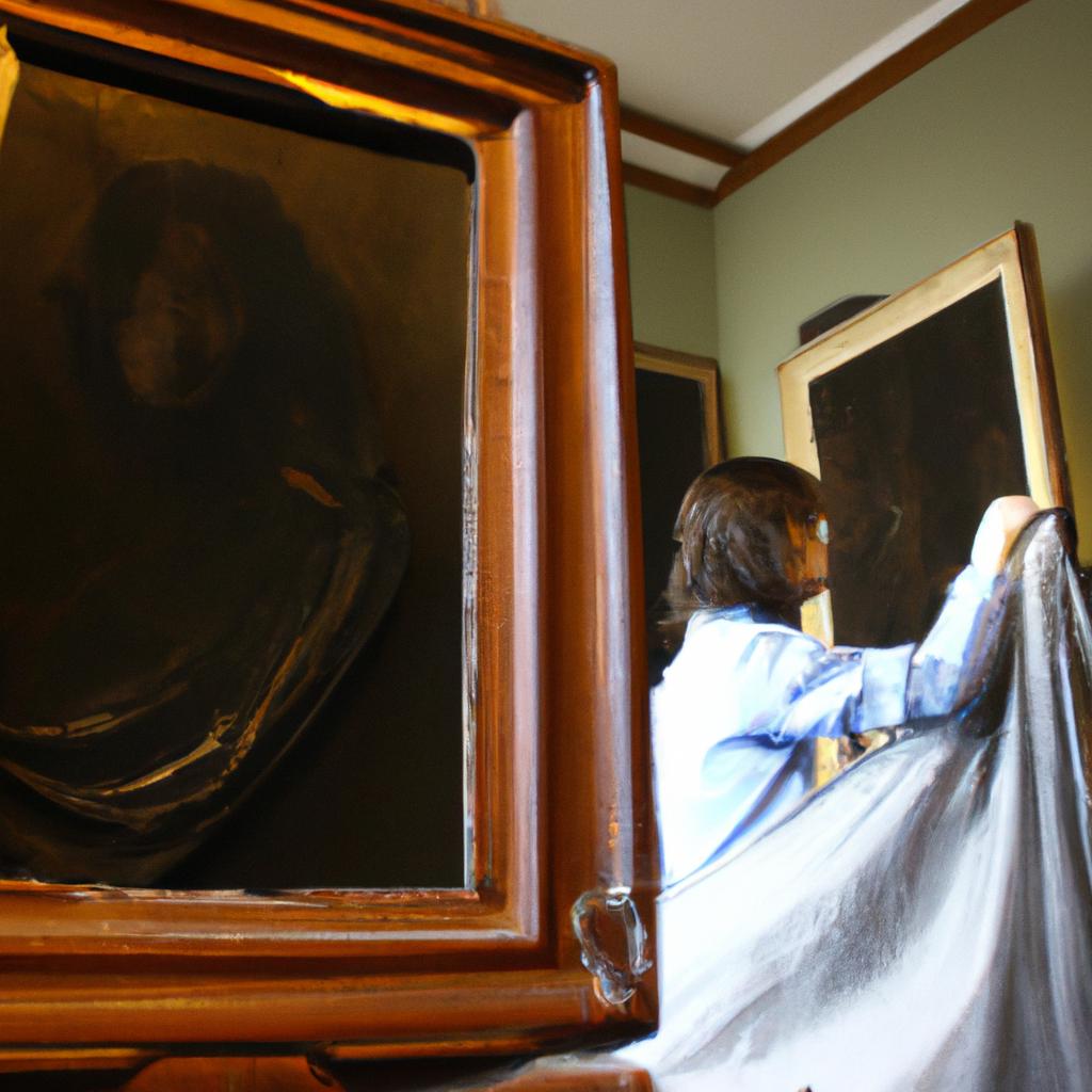 Person restoring artwork in gallery