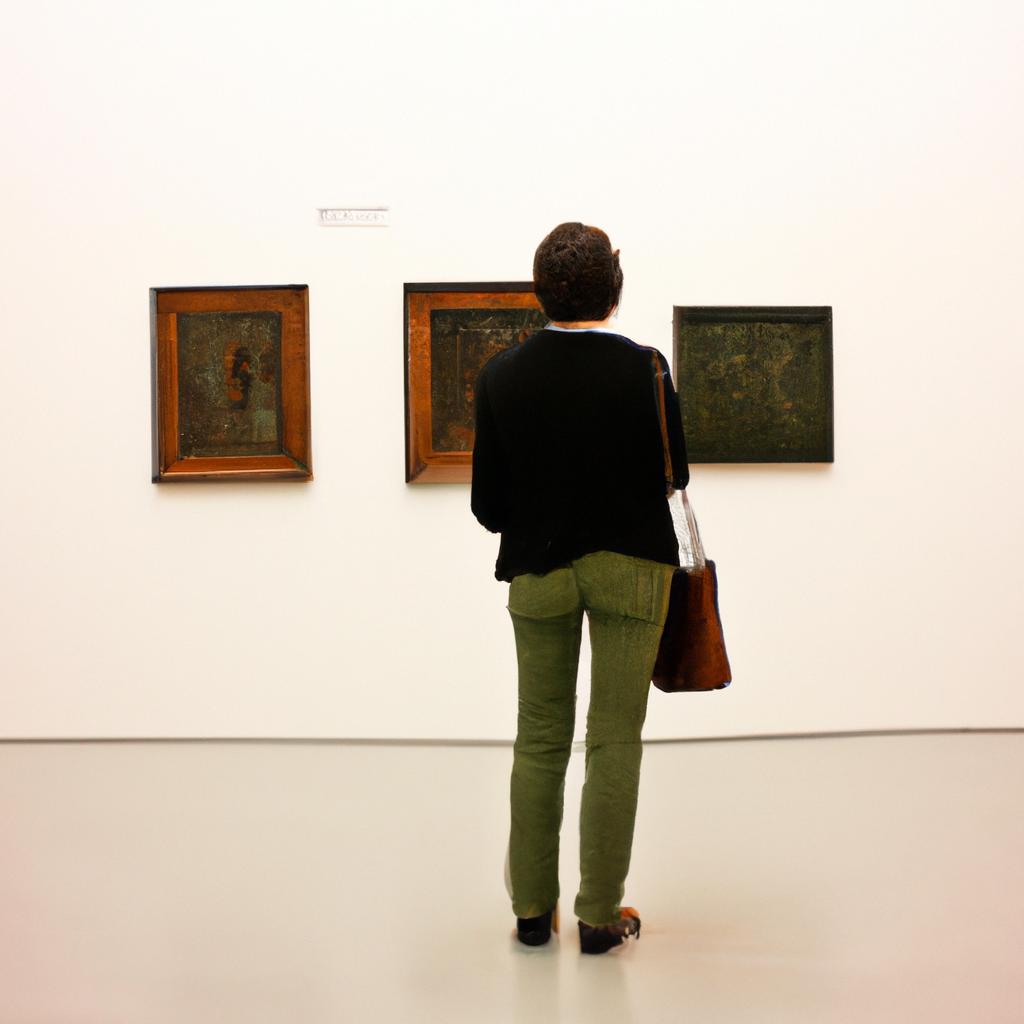 Person admiring artwork in gallery