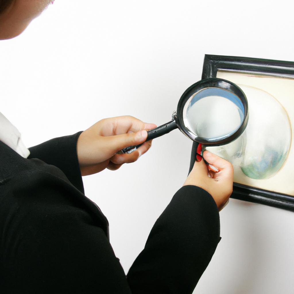 Person examining artwork with magnifying glass