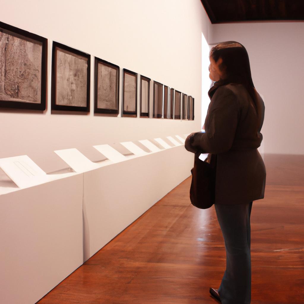 Person studying artwork in gallery