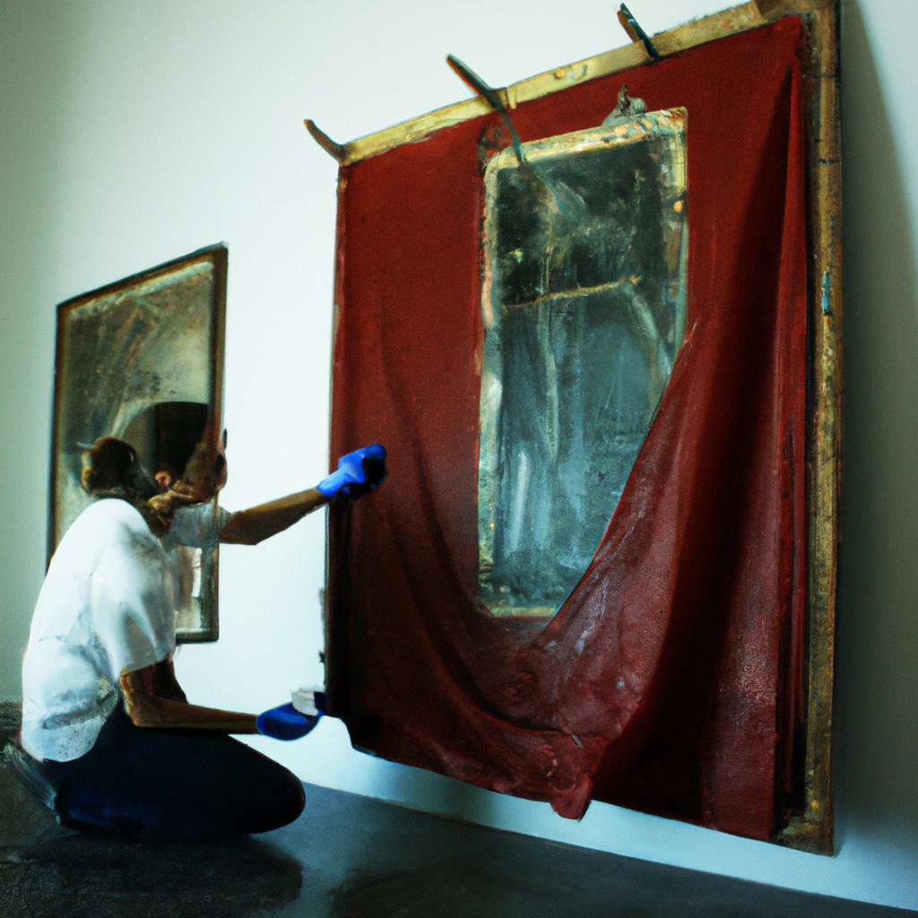 Person restoring artwork in gallery