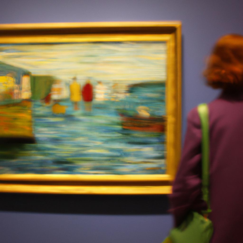 Person admiring impressionist artwork