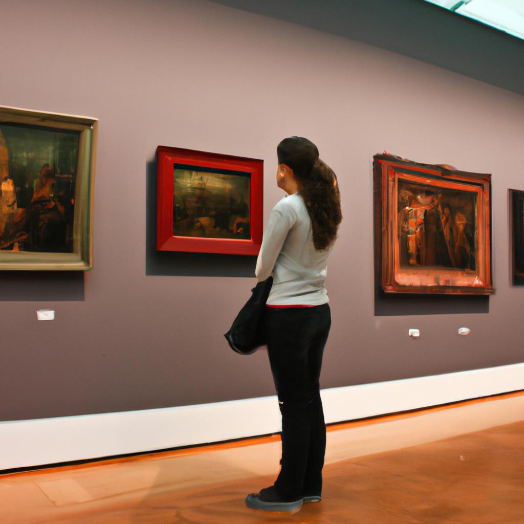 Person admiring artwork in museum