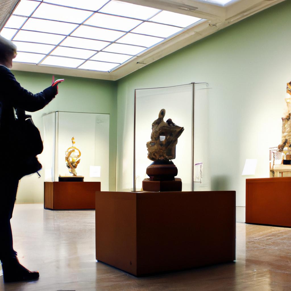 Person admiring sculptures in gallery